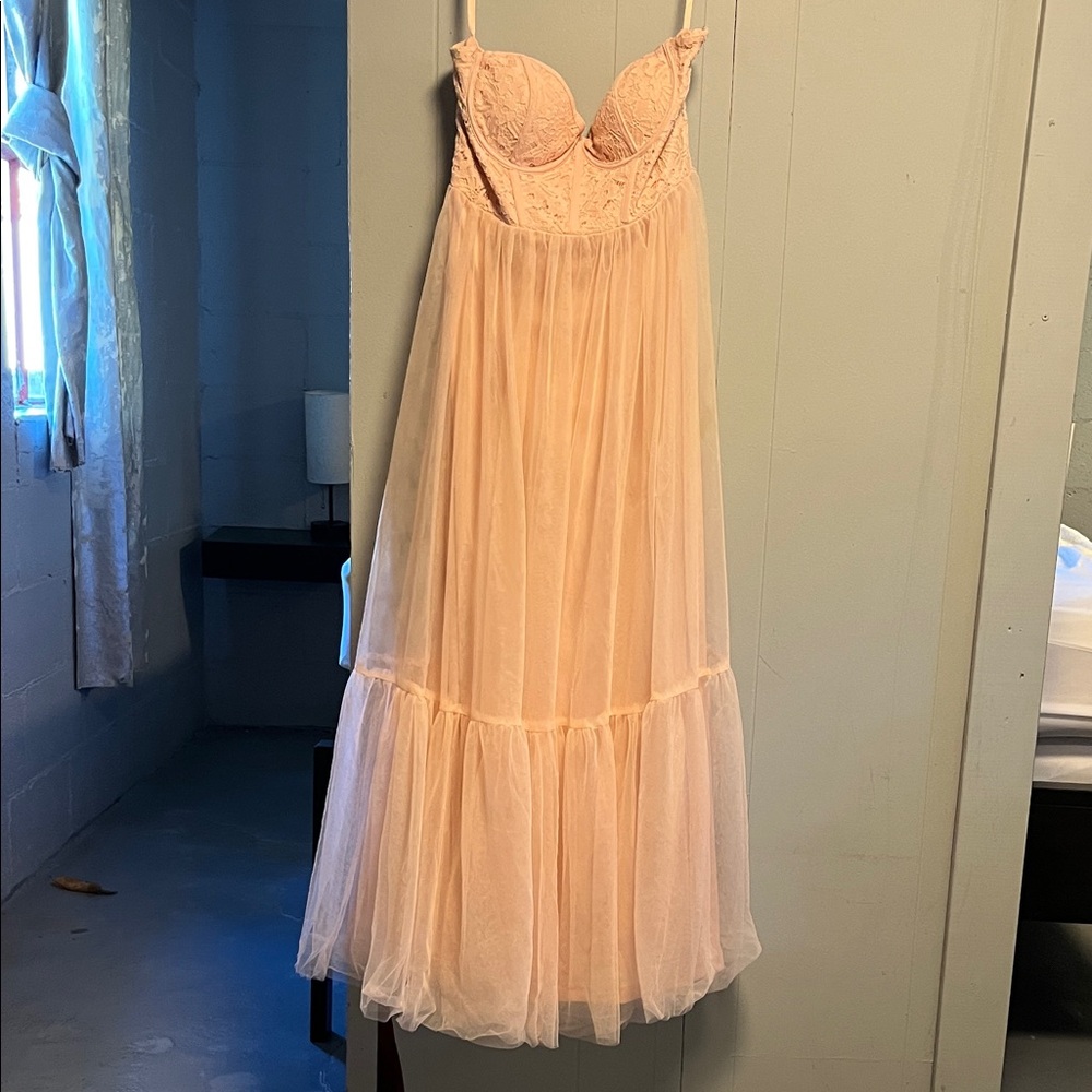 Elegant Selfie Leslie Strapless Bustier Pink Peach Lace Tulle Dress size Large
